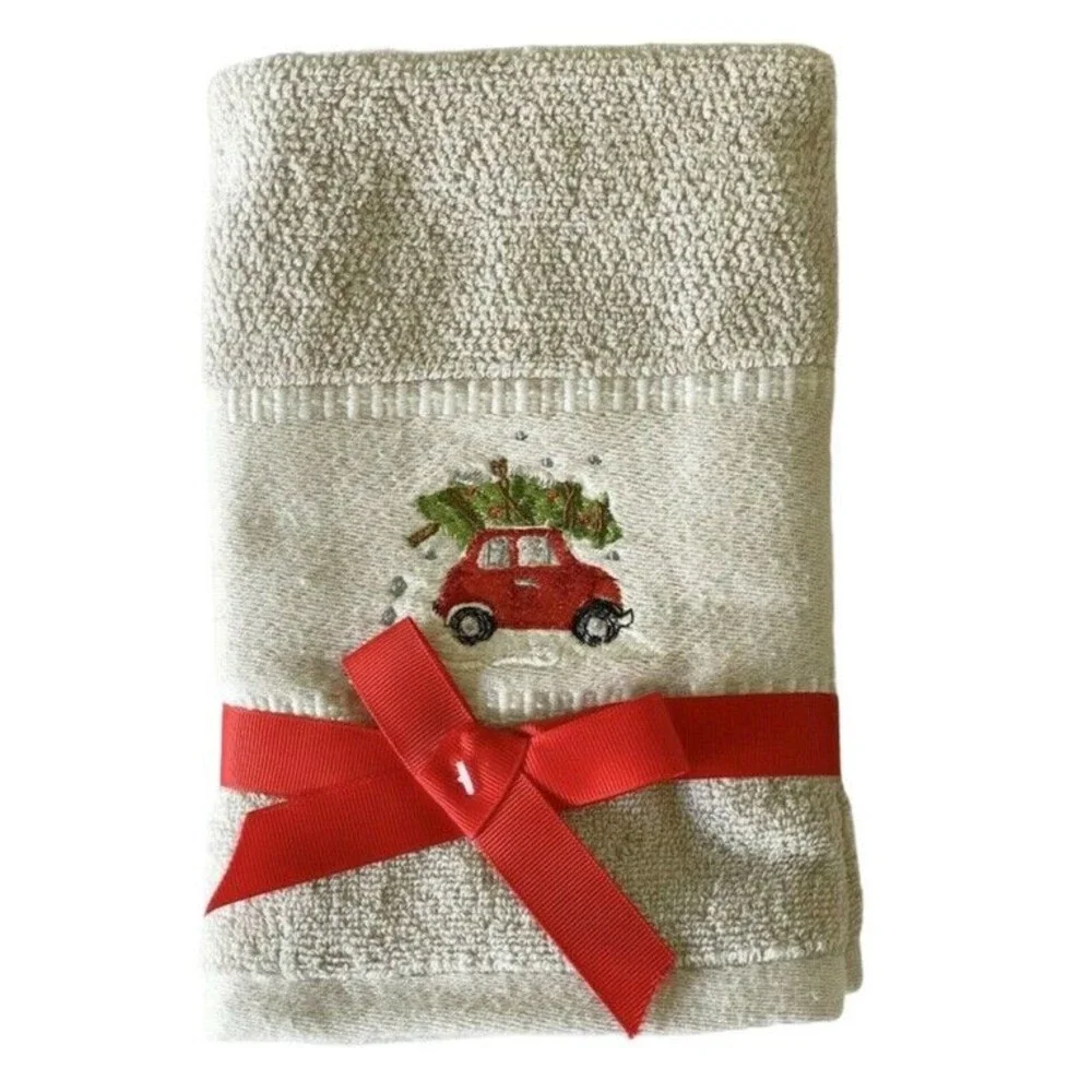 Caro Christmas Tree Fingertip Towels Red Car Embroidered Gray Guestroom Set of 2